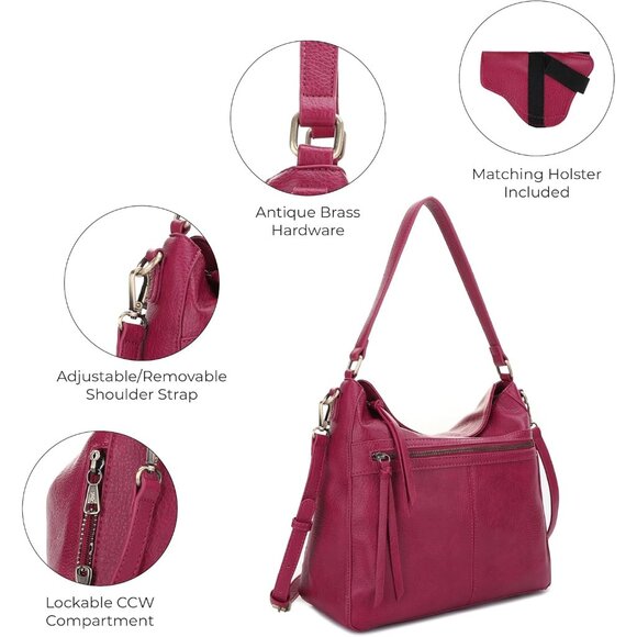 Dakota Vegan Faux Leather Berry Hobo Purse with Concealed Carry and Adjustable S - Picture 4 of 7